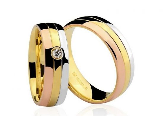 Par de Alianças anatômicas em ouro branco amarelo e Rosé 18K-750 com 1 Diamante de 5pts - Cod.77-0143-4-005