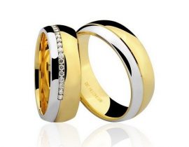 Par de Alianças anatômicas em ouro branco e amarelo 18K-750 com 20 Diamantes com 18pts - Cod.77-0249-4-018