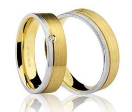 Par de Alianças anatômicas em ouro branco e amarelo 18K-750 escovado com 1 Diamante com 2pts - Cod.77-0187-X-002