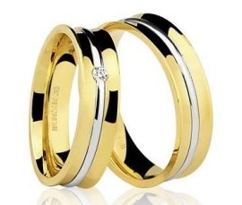 Par de Alianças anatômicas em ouro branco e amarelo ou Rosé 18K-750 com 1 Diamante de 5pts - Cod.77-0202-X-005