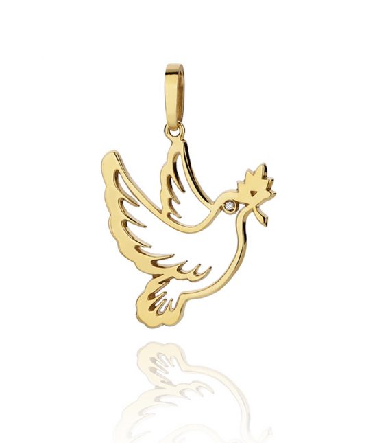 Pingente Divino Espirito Santo recortado em ouro amarelo 18k com1 diamante