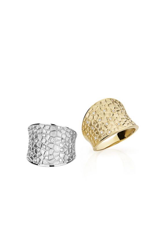 Anel largo em ouro branco ou amarelo 18k com diamantes